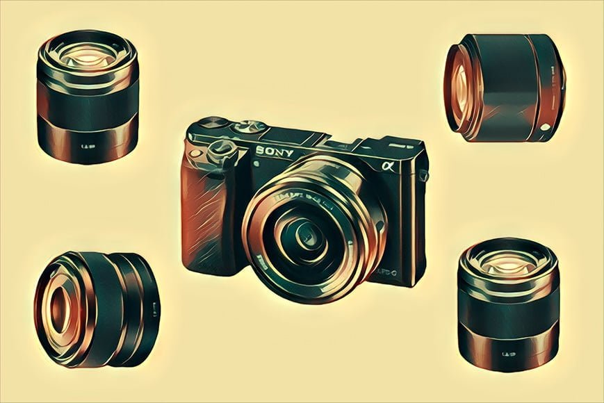 sony a6000 illustration with lenses surrounding