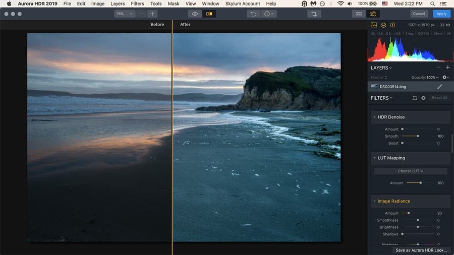 Aurora HDR 2019 review - before and after slider of hdr images using batch processing