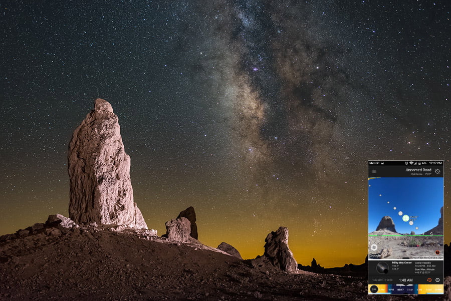 milky way photography location scouting. Calculate exposure time to ensure not too much light - check camera settings and white balance and maximum aperture on camera and lens