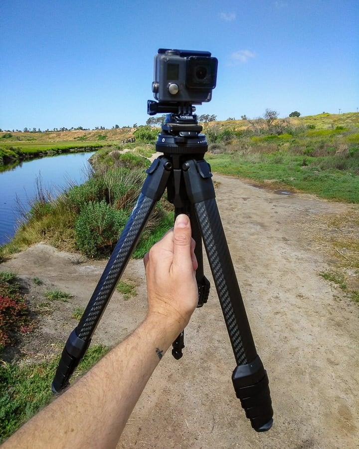 attached to camera. legs and tripod head with plate attached