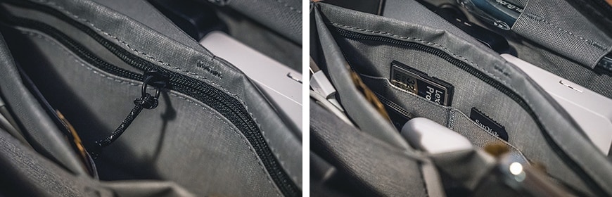 The peak design Tech Pouch contains a neat little discrete interior zipper pocket with SD card slots and other tech pouches for items like headphones