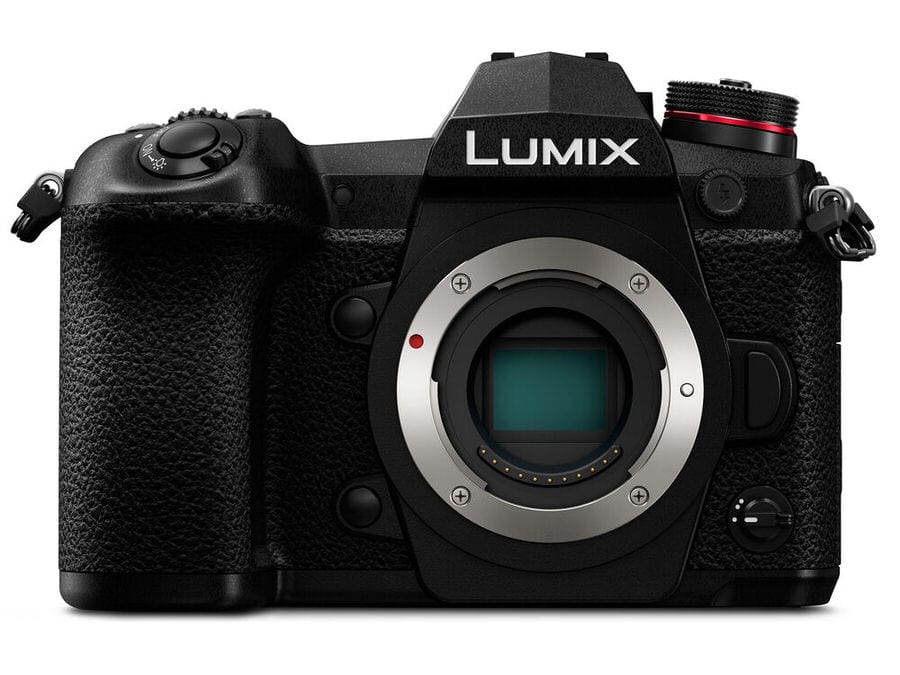 The Panasonic Lumix G9 camera on a white back ground.