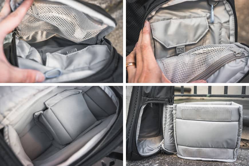 The many interior storage compartments contained within the Camsafe X17 Anti-Theft Camera Backpack