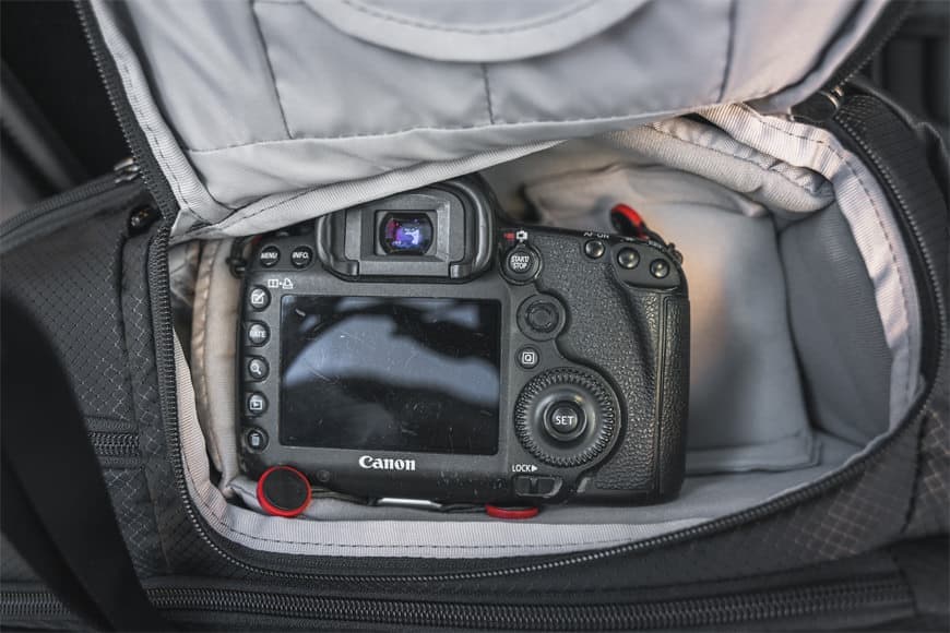The Canon 5D Mark III with a Canon 24-70 F2.8 attached fits in the Camsafe X17 Anti-Theft Camera Backpack with plenty of space left