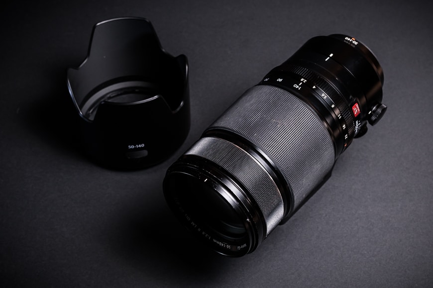 The Fujifilm XF 50-140mm f/2.8 with its massive lens hood.