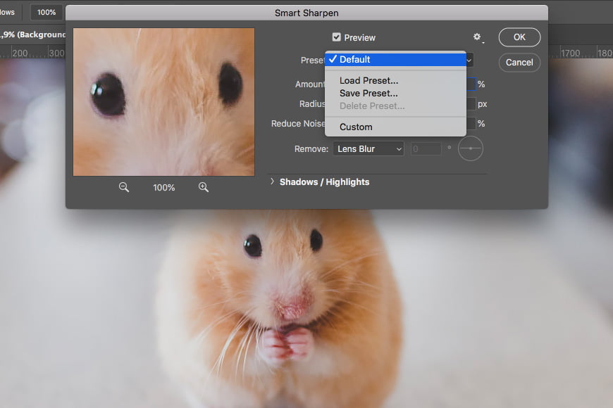Image sharpening in Photoshop: set the radius and sharpening amount as needed for your image.