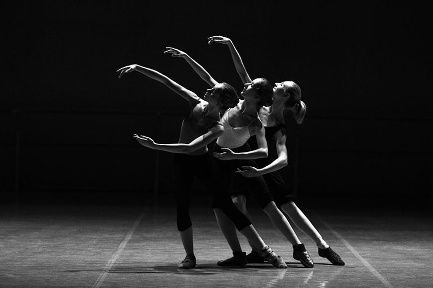Examples of dancers poses captured in black and white photography.