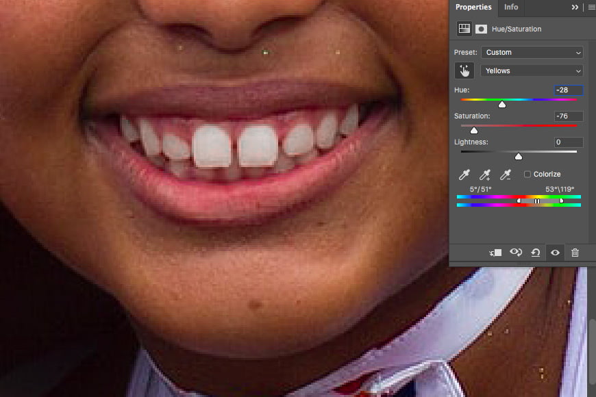 White teeth photoshop using hue saturation adjustment layer.
