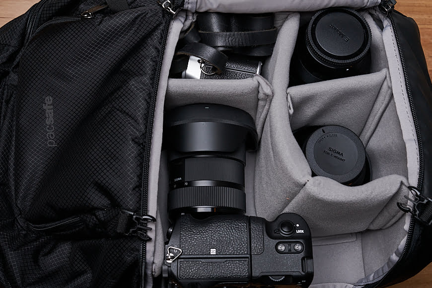 Even a gripped full-frame mirrorless and 24-70mm f/2.8 can fit comfortably in the Pacsafe Camsafe X25.