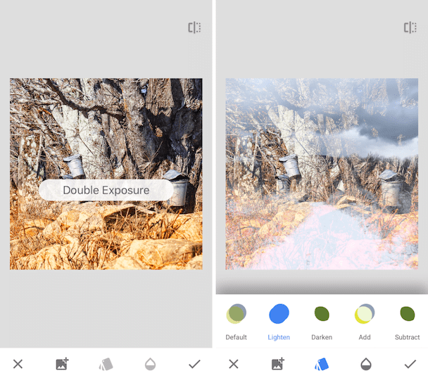 Snapseed adjusts the size and blend mode of your image.