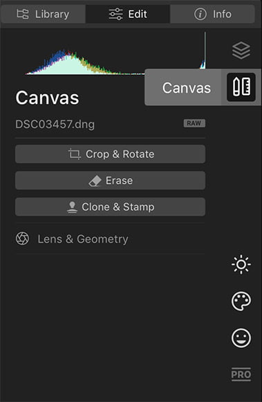 canvas and histogram shown on macbook pro