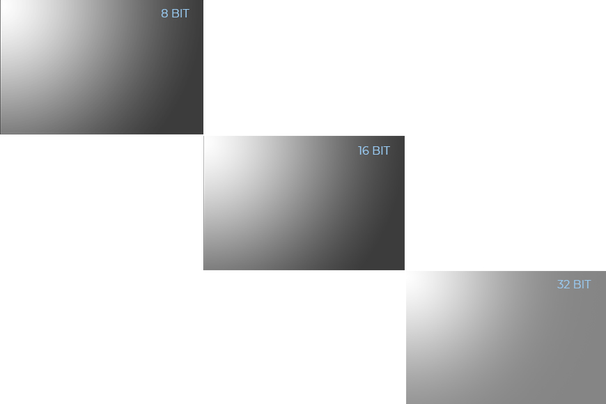 Difference between 8 bit color, 16 bit images and 32 bit depths in an image file format.