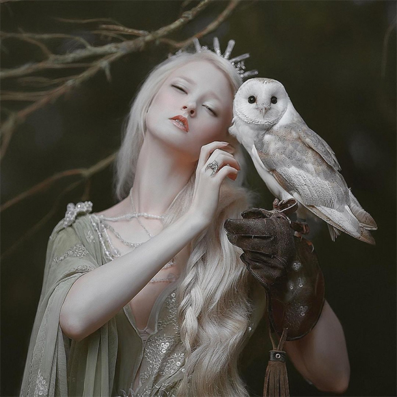 Owl and white-haired winter beauty.