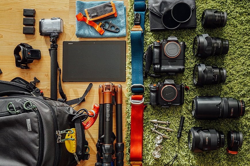 Flat lay of gear used for photography landscape