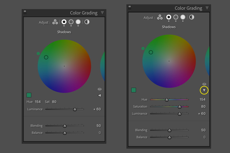 Click on the small triangle on the right to drop down the Hue and Saturation sliders.