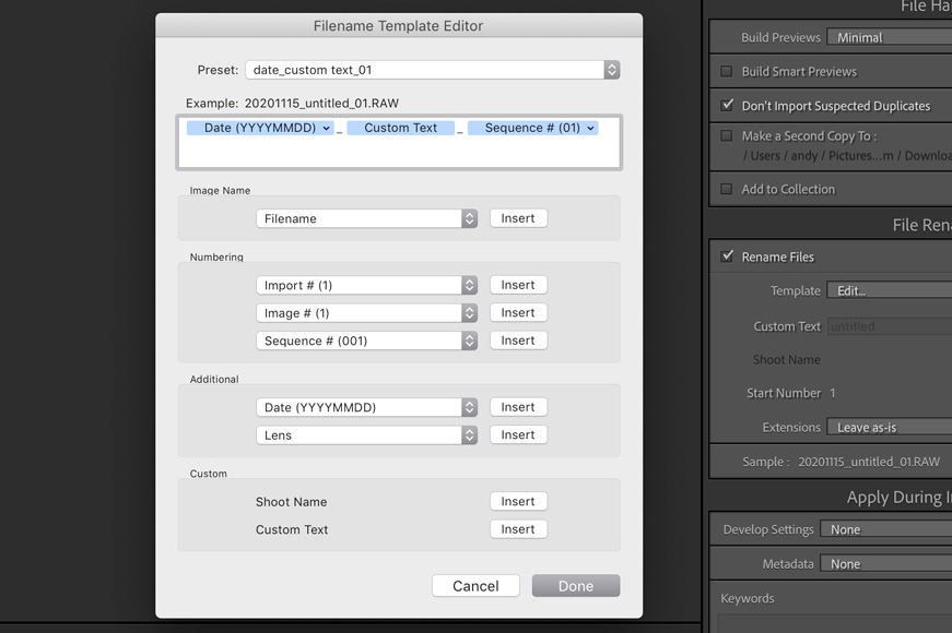 Filename template editor in Lightroom