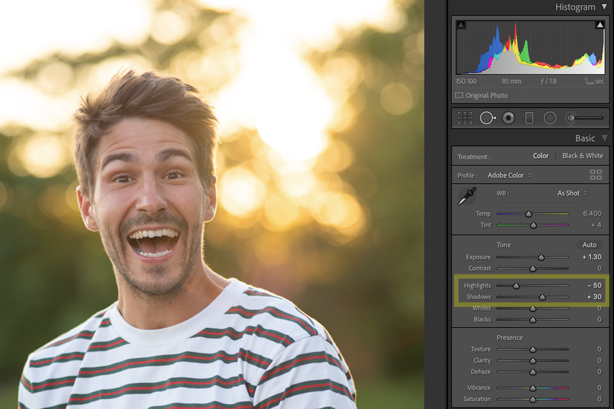 Lift shadows and reduce highlights to balance your portrait editing in Lightroom.