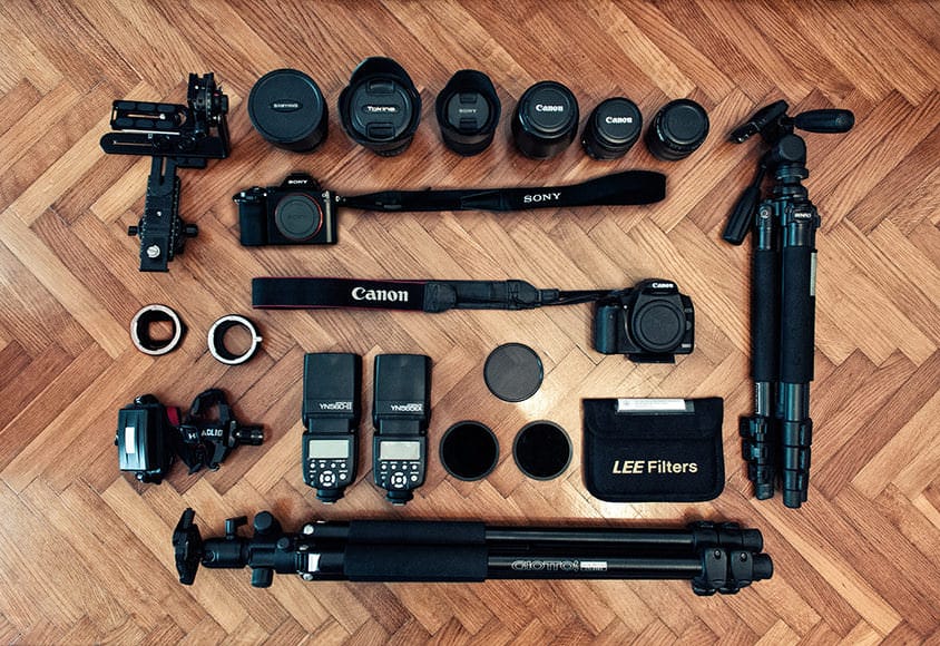Flat-lay of gear used for Astrophotography including a dslr camera