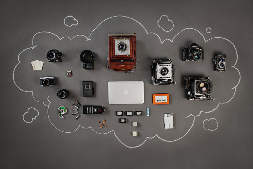 Flat lay of film camera equipment