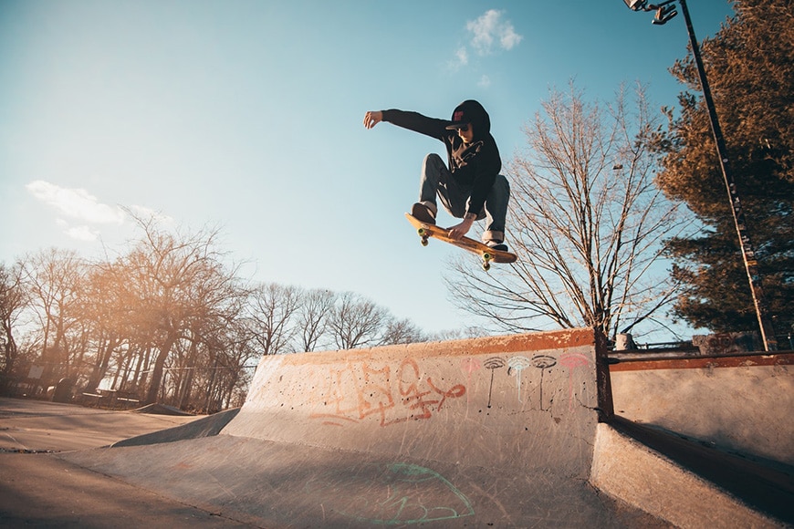 Skateboarder in air action shot