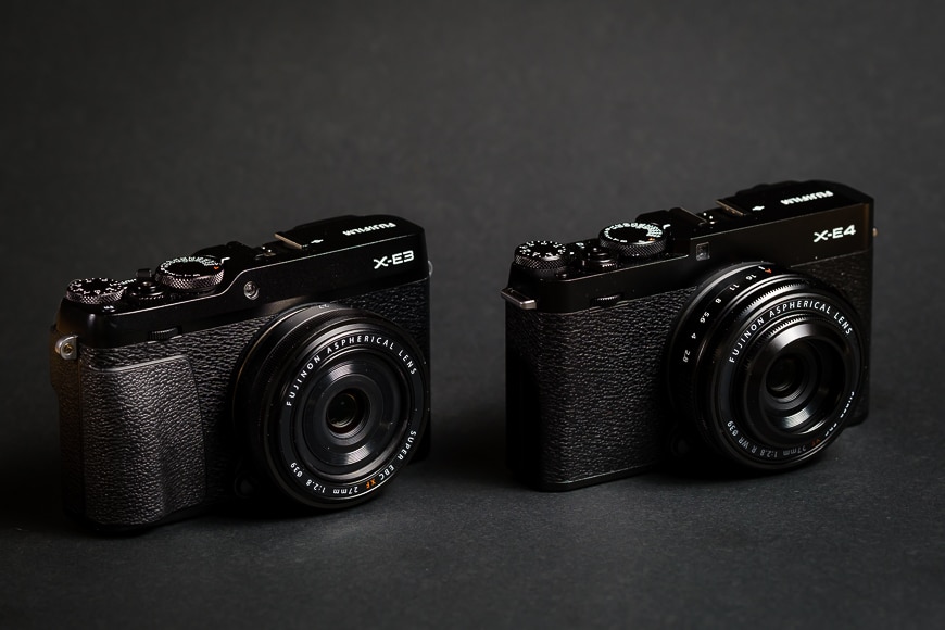 The Fujifilm X-E3 with the original XF 27mm and the Fujifilm X-E4 with the new XF 27mm f/2.8 WR.