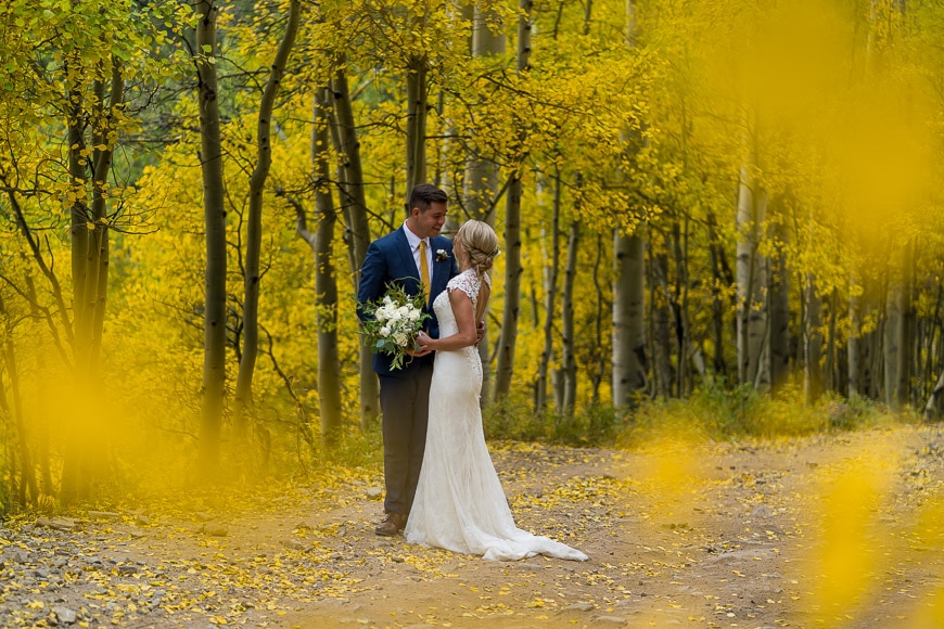 Bride and groom in forest
