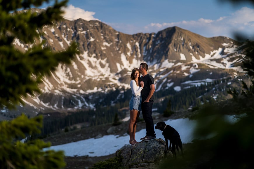 Couple posing against snowy mountains