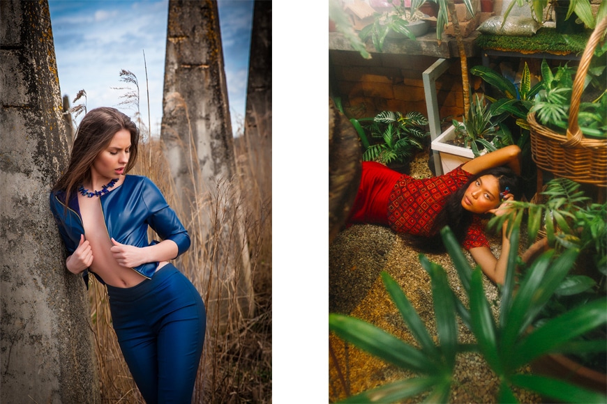 Female models doing s-shaped poses in fashion photos