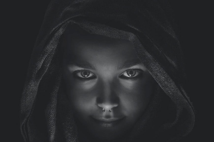 Greyscale portrait with focus on subjects eyes