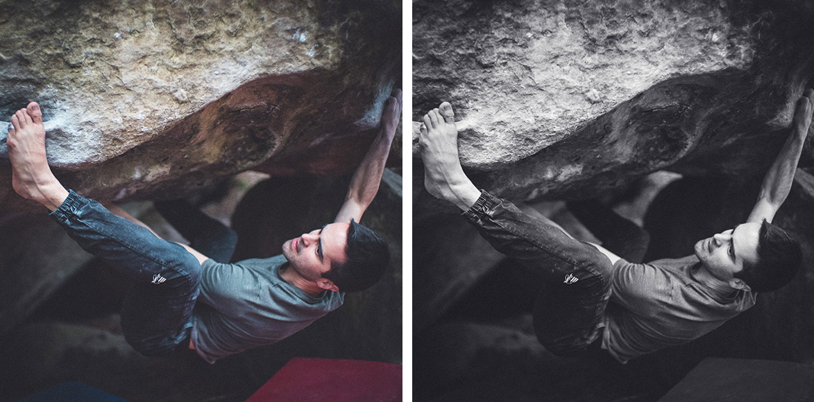 Rock climber in in colour vs black and white