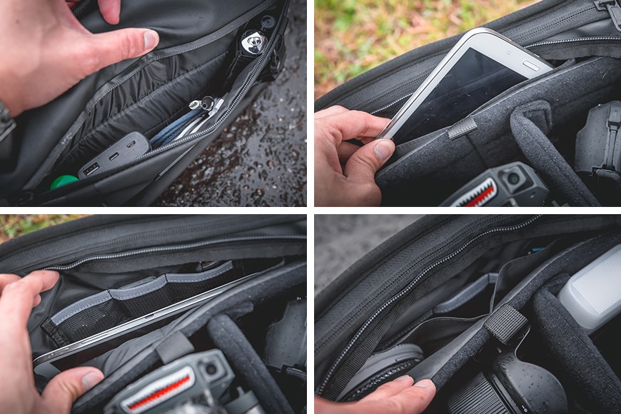 Multiple helpful little storage pockets and compartments, and a tablet sized pull pocket hidden in the back.