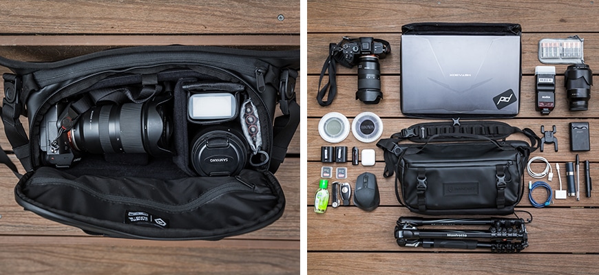 The Roam Sling is well suited to Mirrorless camera systems, the computer mouse slips in under the attached lens.