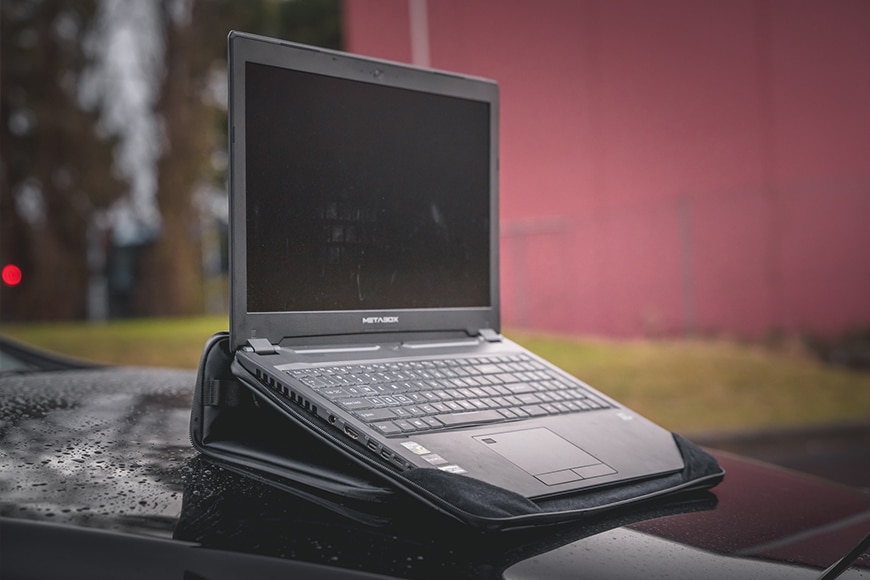 The Laptop Case opens up and folds back to become a laptop stand. It's steady, stable, and doesn't slide around.