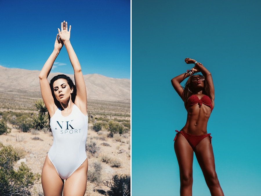 Photos of models posing with arms up