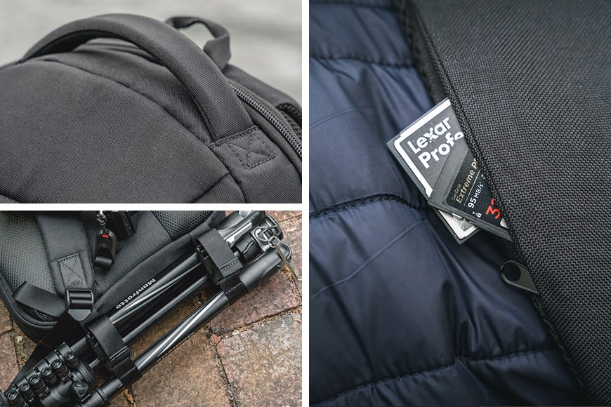 Strong and soft top handle, bottom cargo straps, a hanging loop, and hidden card holder in the shoulder strap!