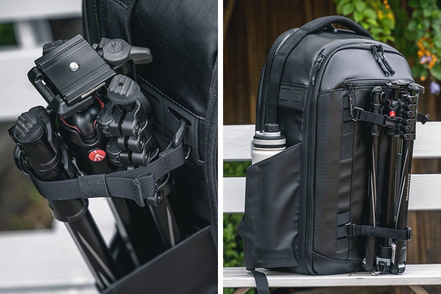 Cargo straps can be attached on both vertical sides and across the front of the McKinnon Camera Pack.