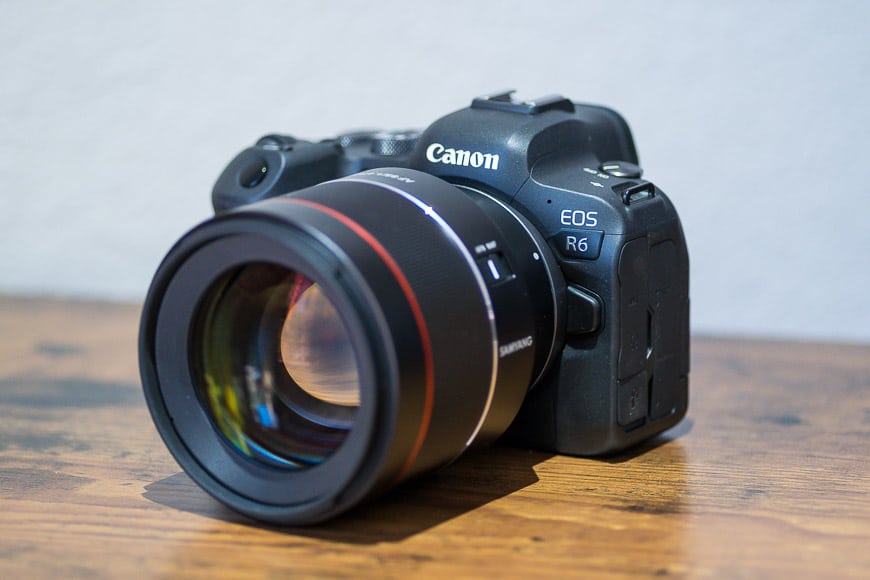 Canon R6 on table with lens attached