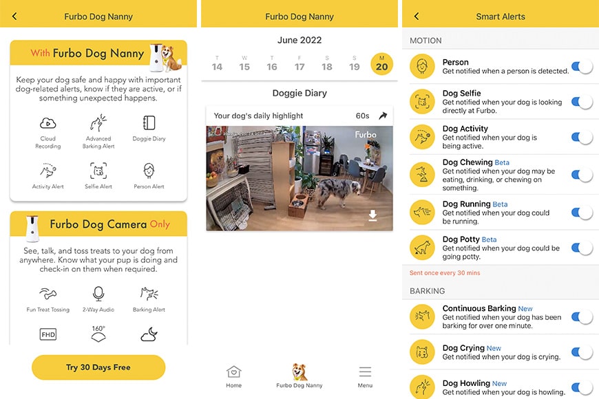 Furbo Dog Nanny has a number of special smart alerts, you can enable and disable them individually if you desire. The doggy diary is a fun video to receive daily!