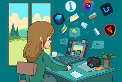 illustration girl editing photos with software at desk with logos flying around her