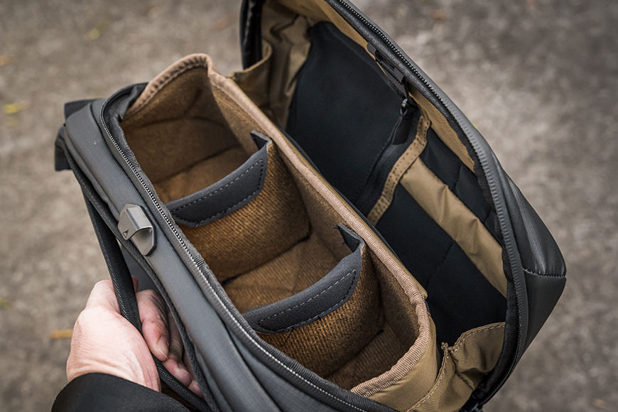 The McKinnon Camera Sling comes with 2 dividers and dedicated pockets and pouches for smaller gear