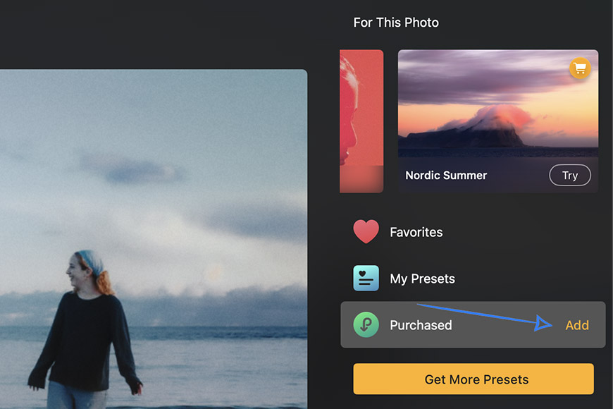 A photo editing app interface shows preset options, with "Purchased" highlighted and an "Add" button, alongside a partially visible image of a person by water.