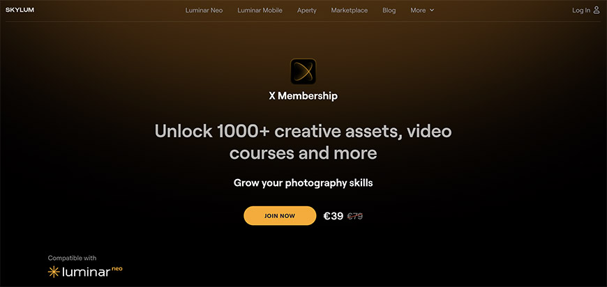 A webpage promoting "X Membership" with an offer to unlock over 1000 creative assets and video courses for €39, highlighting compatibility with Luminar Neo.