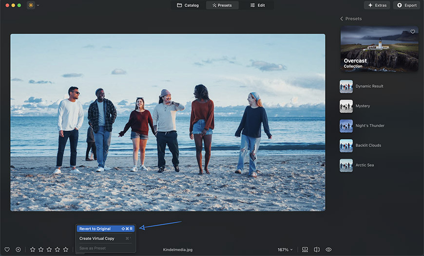 Photo editing software interface showing a beach photo of six people, with preset filter options visible on the right and editing controls highlighted at the bottom.