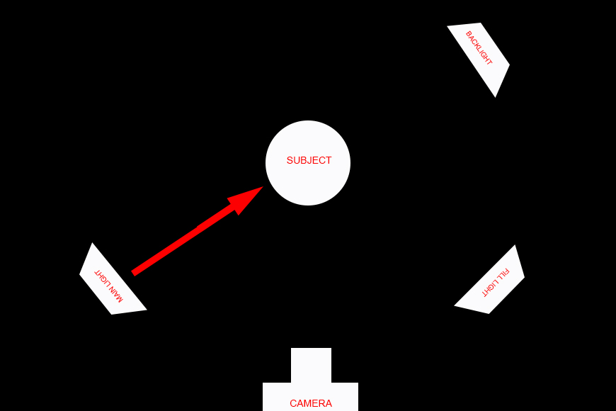 Diagram of photography setup with main light, fill light and backlight
