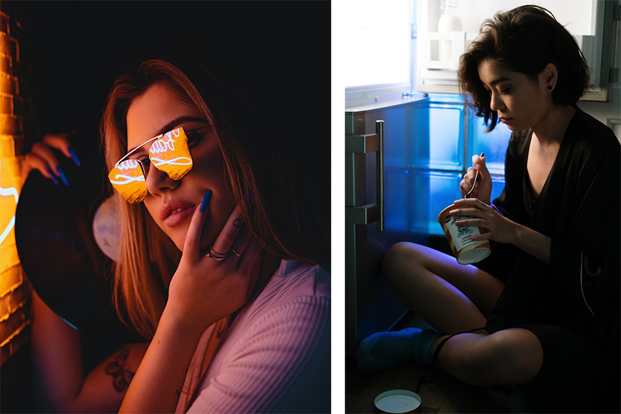 Portrait of girl with neon light reflected in glasses and photo of girl eating icecream at fridge