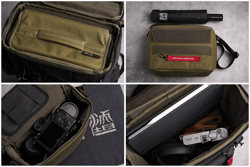 The top compartment can be used with the optional portable camera module or as storage for other goods. It fits an iPad 12.9 in this area without squashing it in the laptop sleeve.