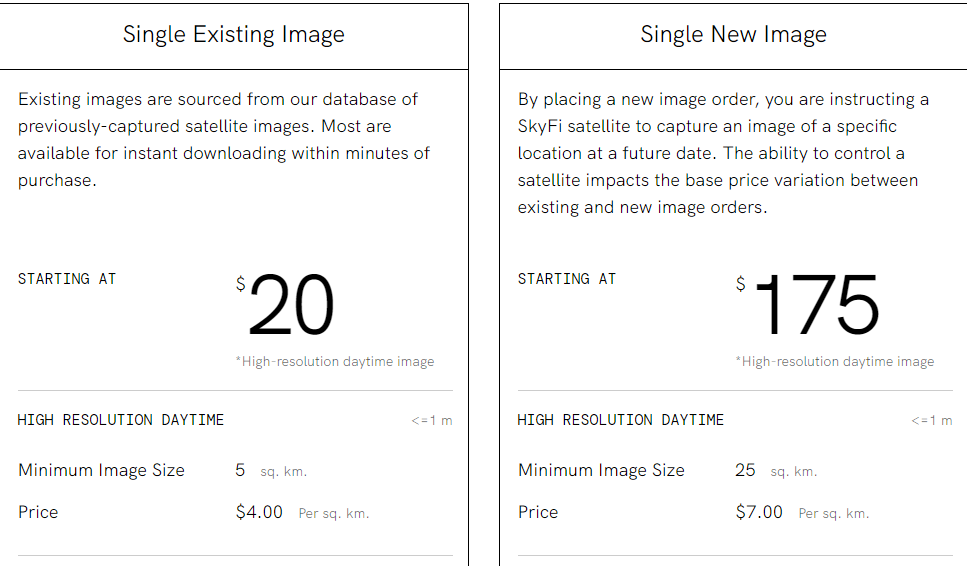 SkyFi pricing screenshot