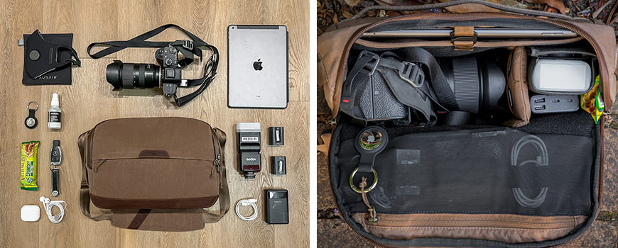 The Camera Sling is designed perfectly to accommodate the Sony a7 III and a nice assortment of extra accessories.