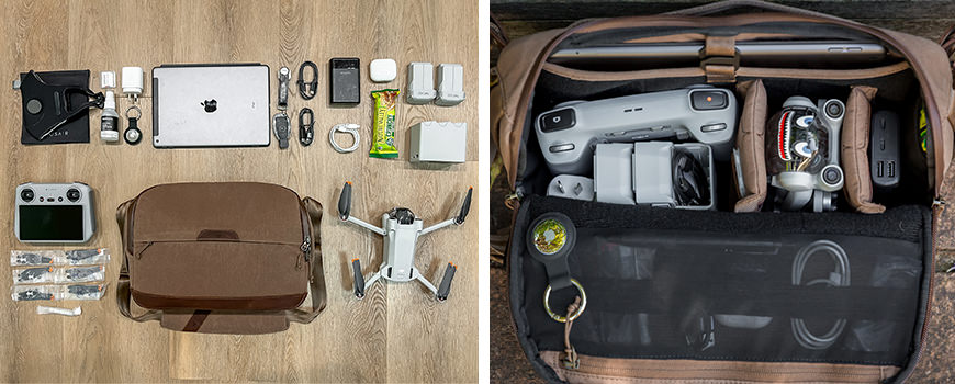 The full DJI Mini 3 Pro Fly More kit fits wonderfully in to the Camera Sling by Clever Supply Co., along with further accessories.