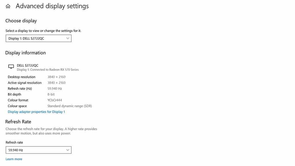 A view of the advanced display settings for Windows